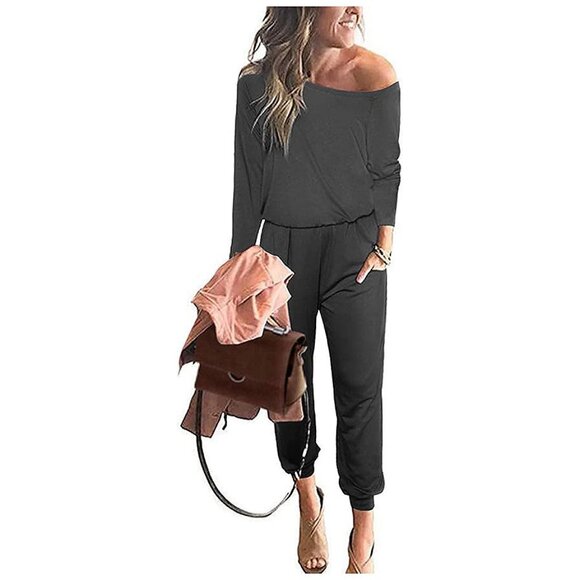 Women's Casual Long Sleeve Jumpsuit Crewneck One Off Shoulder Black Grey